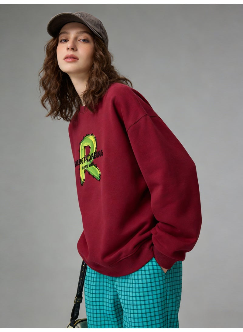 BM INS Burgundy "Graffiti Letter R" Oversized Crew Neck Sweatshirt | Unisex Pullover With "ENERGY LOADING" Slogan - Image 4